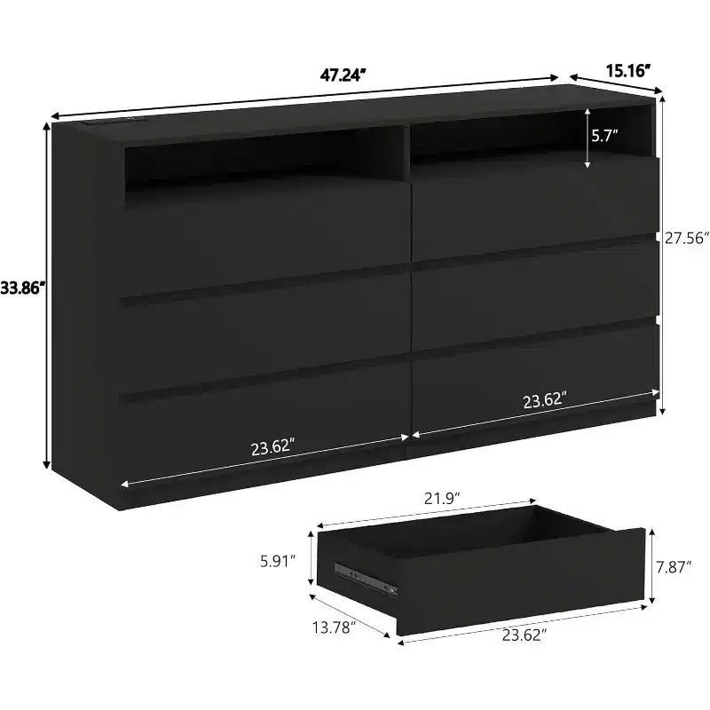 Cassettiera doppia Dyonery a 6 cassetti con luci LED, mobile contenitore ampio con ripiani aperti, colore bianco