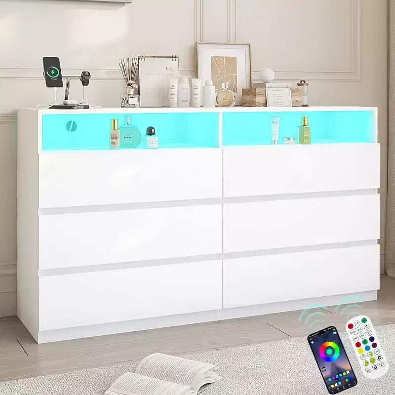 Cassettiera doppia Dyonery a 6 cassetti con luci LED, mobile contenitore ampio con ripiani aperti, colore bianco