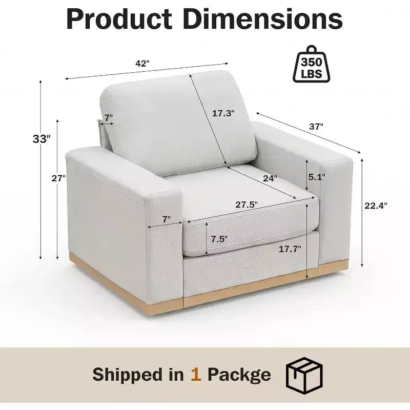 Dyonery Fixed sofa with wooden strips, cotton fabric, light beige color, single person seat, 44 inches