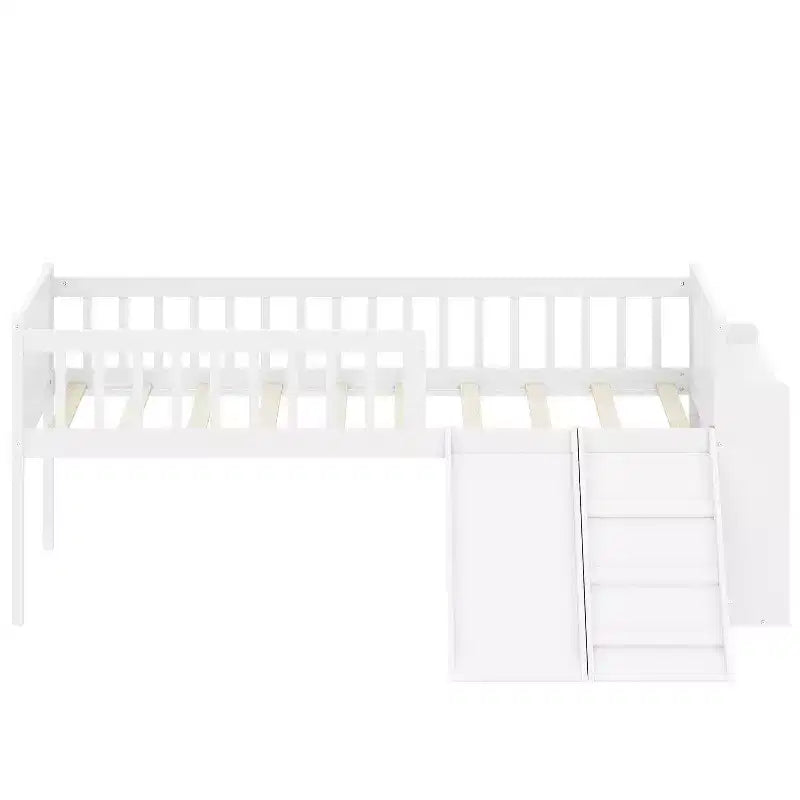 Struttura letto singolo con ripiano portaoggetti, scivolo e scaletta, piattaforma letto in legno con sponde, bianco