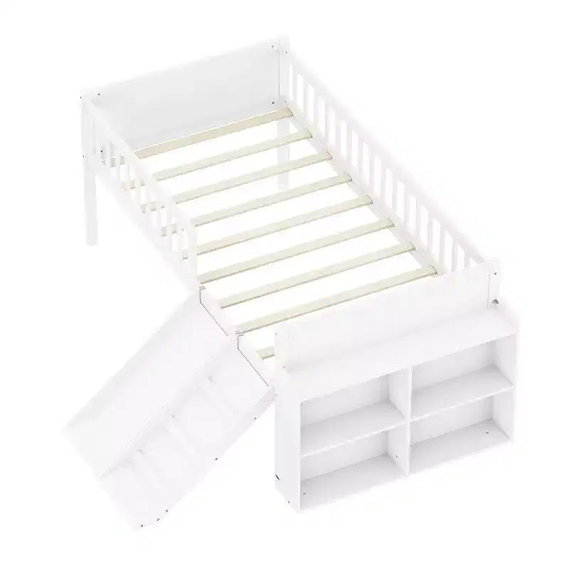 Struttura letto singolo con ripiano portaoggetti, scivolo e scaletta, piattaforma letto in legno con sponde, bianco