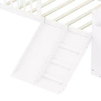 Struttura letto singolo con ripiano portaoggetti, scivolo e scaletta, piattaforma letto in legno con sponde, bianco