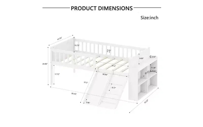 Struttura letto singolo con ripiano portaoggetti, scivolo e scaletta, piattaforma letto in legno con sponde, bianco