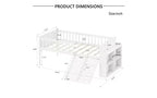 Struttura letto singolo con ripiano portaoggetti, scivolo e scaletta, piattaforma letto in legno con sponde, bianco