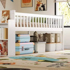 Struttura letto singolo con ripiano portaoggetti, scivolo e scaletta, piattaforma letto in legno con sponde, bianco