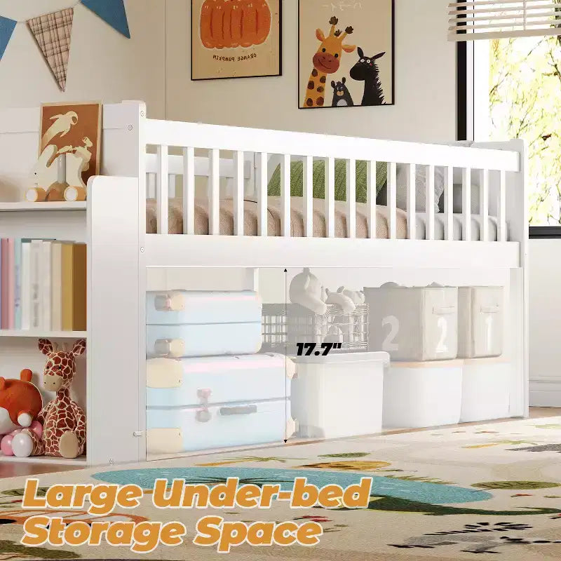 Struttura letto singolo con ripiano portaoggetti, scivolo e scaletta, piattaforma letto in legno con sponde, bianco