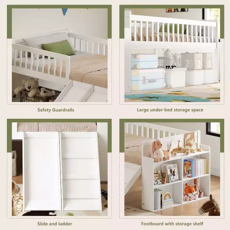 Struttura letto singolo con ripiano portaoggetti, scivolo e scaletta, piattaforma letto in legno con sponde, bianco
