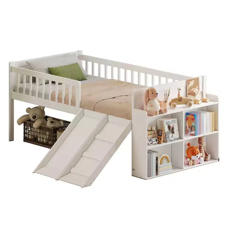 Struttura letto singolo con ripiano portaoggetti, scivolo e scaletta, piattaforma letto in legno con sponde, bianco