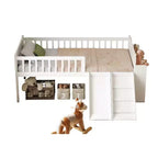 Struttura letto singolo con ripiano portaoggetti, scivolo e scaletta, piattaforma letto in legno con sponde, bianco