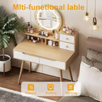 HYLEORY Tavolino da Trucco Elegante con Specchio Illuminato Regolabile, Piedi del Tavolo in Legno Massello, Quercia Bianca Americana, MDF, Dimensioni Compatte