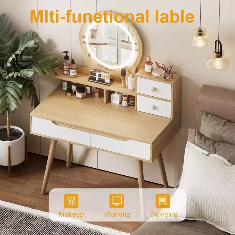 HYLEORY Tavolino da Trucco Elegante con Specchio Illuminato Regolabile, Piedi del Tavolo in Legno Massello, Quercia Bianca Americana, MDF, Dimensioni Compatte