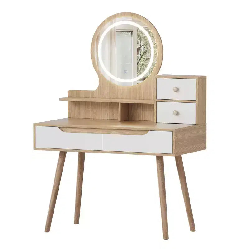 HYLEORY Tavolino da Trucco Elegante con Specchio Illuminato Regolabile, Piedi del Tavolo in Legno Massello, Quercia Bianca Americana, MDF, Dimensioni Compatte