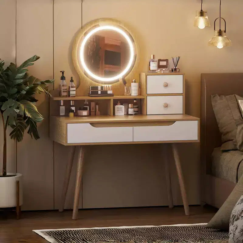 HYLEORY Tavolino da Trucco Elegante con Specchio Illuminato Regolabile, Piedi del Tavolo in Legno Massello, Quercia Bianca Americana, MDF, Dimensioni Compatte