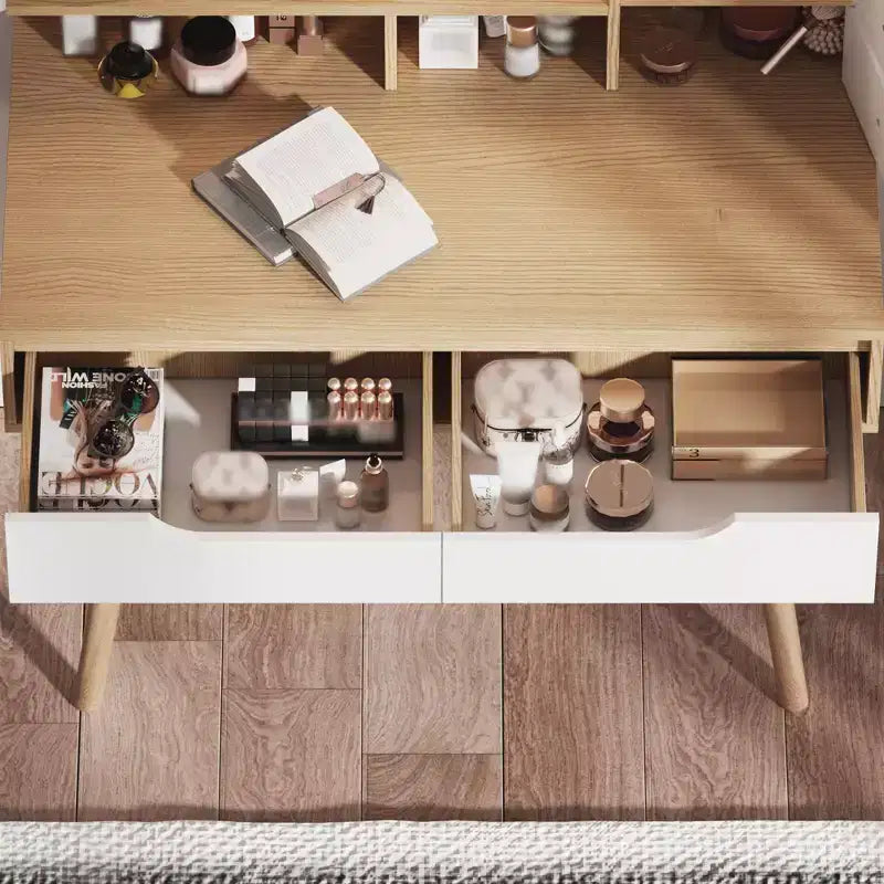 HYLEORY Tavolino da Trucco Elegante con Specchio Illuminato Regolabile, Piedi del Tavolo in Legno Massello, Quercia Bianca Americana, MDF, Dimensioni Compatte