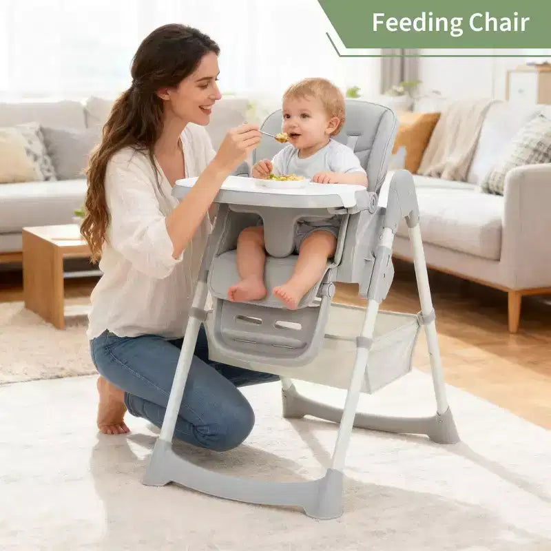 Seggiolone Pieghevole per Neonati, Sedia Regolabile per Bambini con Vassoio Rimovibile, Imbracatura a 5 Punti e Ruote Bloccabili per Pranzo Pappa Gioco