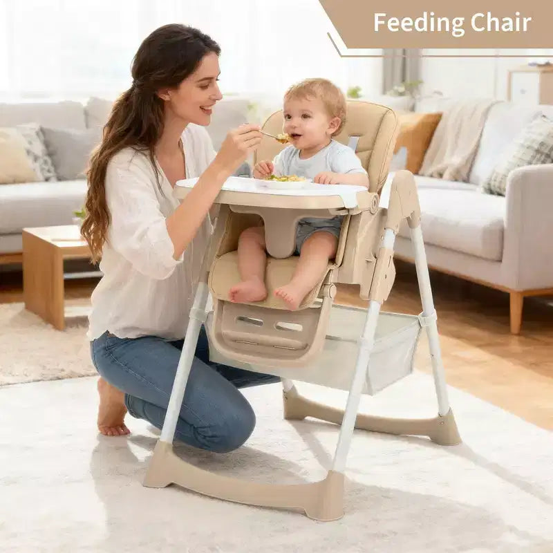 Seggiolone Pieghevole per Neonati, Sedia Regolabile per Bambini con Vassoio Rimovibile, Imbracatura a 5 Punti e Ruote Bloccabili per Pranzo Pappa Gioco