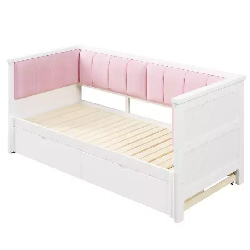 Divano letto Luxystar Twin XL trasformabile in letto matrimoniale con 2 cassetti e schienale imbottito, Bianco+Rosa