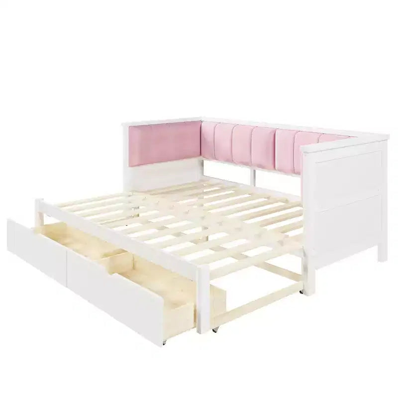 Divano letto Luxystar Twin XL trasformabile in letto matrimoniale con 2 cassetti e schienale imbottito, Bianco+Rosa