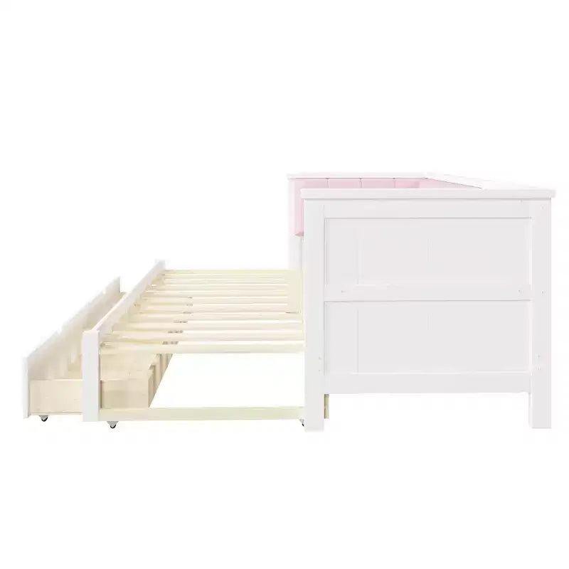 Divano letto Luxystar Twin XL trasformabile in letto matrimoniale con 2 cassetti e schienale imbottito, Bianco+Rosa