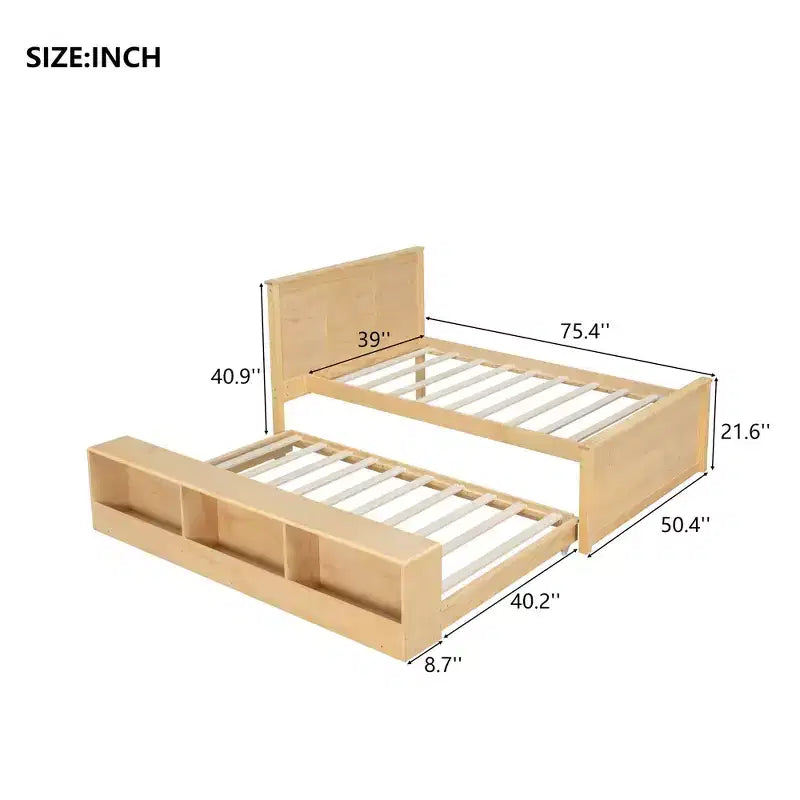 Luxystar Letto a piattaforma moderno in legno con testiera, letto estraibile e armadietto contenitore