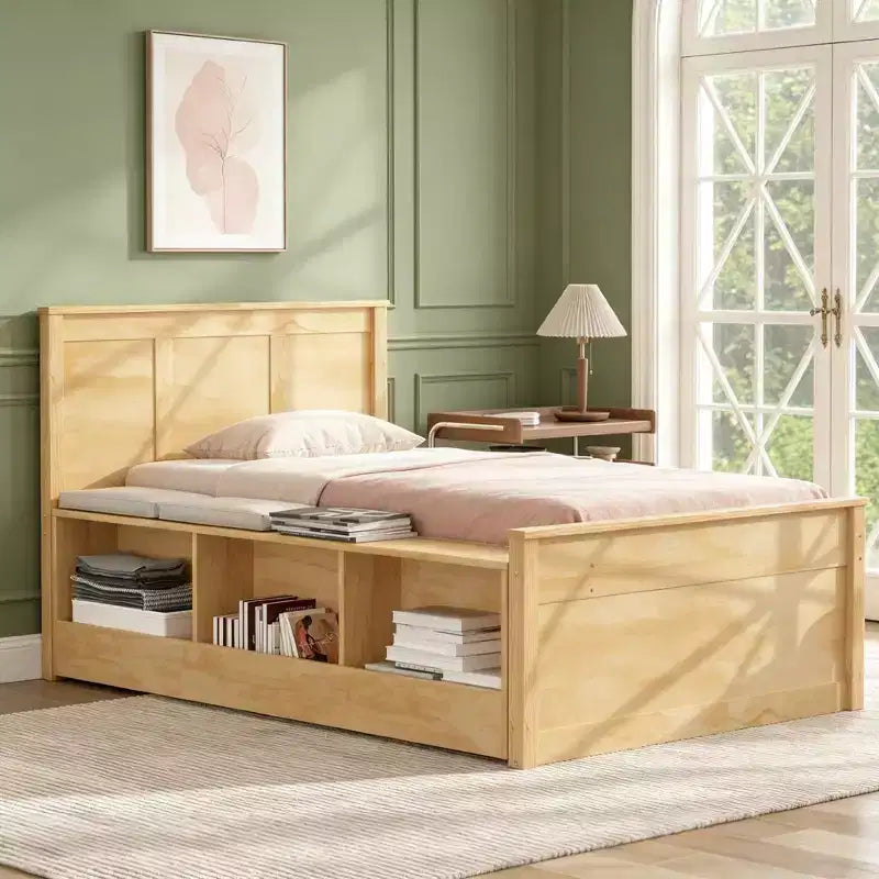 Luxystar Letto a piattaforma moderno in legno con testiera, letto estraibile e armadietto contenitore