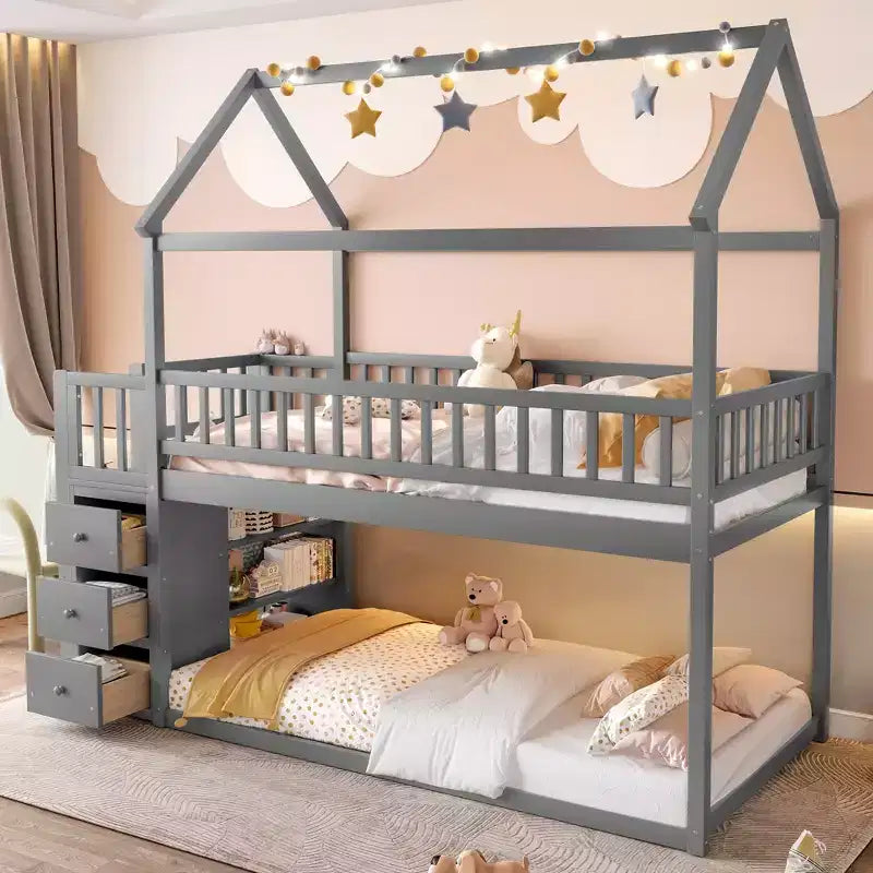 GDFStudio Salvador Letto a Castello Moderno in Legno con Mensole e 3 Cassetti