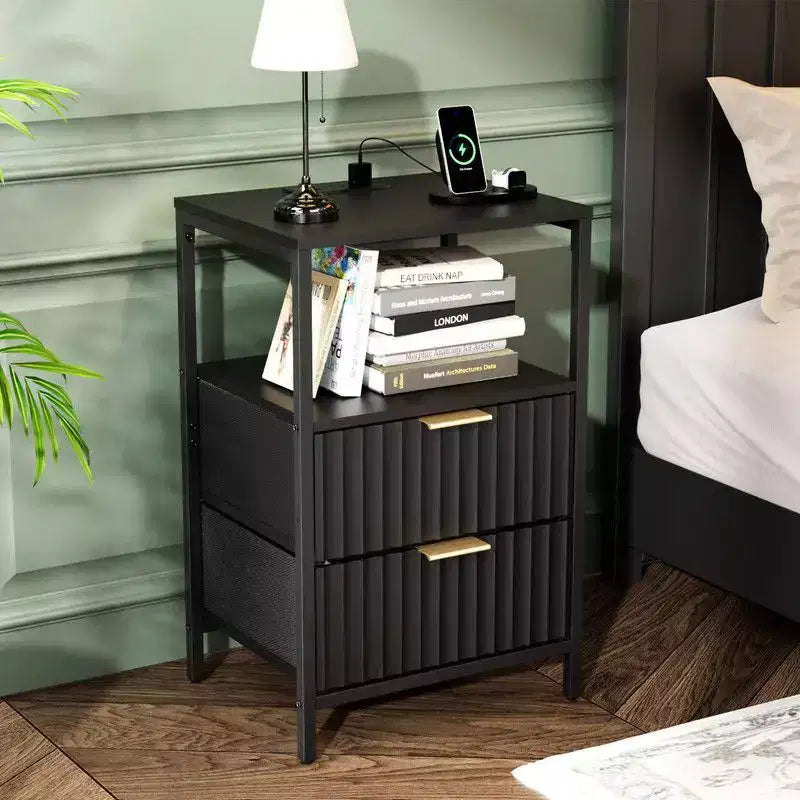 Karl Home 15 Inches Wide Nightstand - 2 Drawers, 1 Shelf, US Power Outlet - set of 2