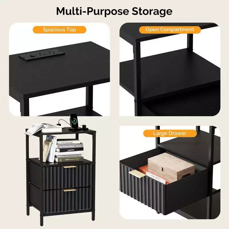 Comodino Karl Home largo 38 cm - 2 cassetti, 1 ripiano, presa di corrente USA - set da 2