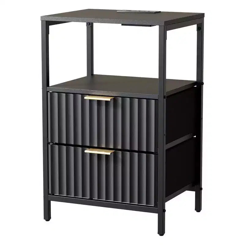 Comodino Karl Home largo 38 cm - 2 cassetti, 1 ripiano, presa di corrente USA - set da 2
