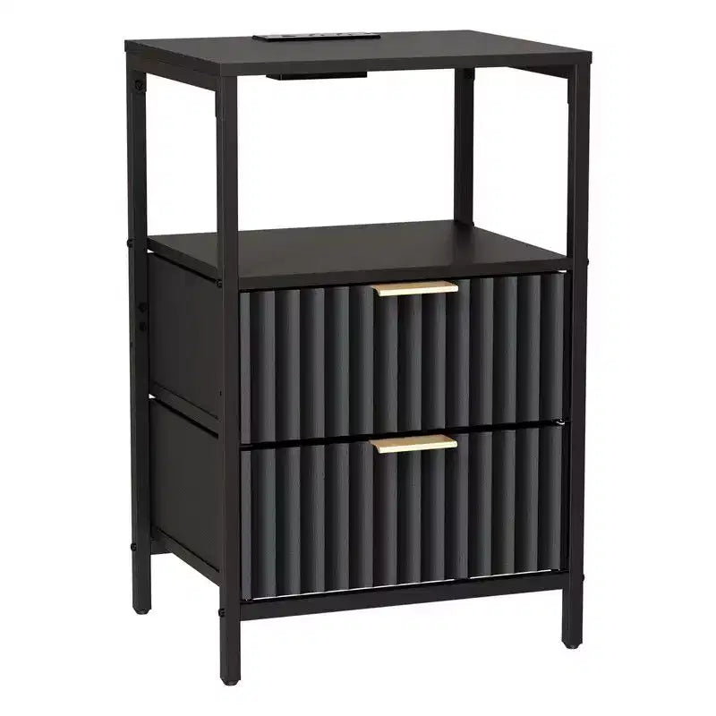 Comodino Karl Home largo 38 cm - 2 cassetti, 1 ripiano, presa di corrente USA - set da 2