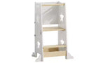Sgabello da Cucina 3 in 1 per Bambini, Torre di Apprendimento Pieghevole con Lavagna, Tavolo e Sedia Convertibili per Bambini, Sgabello Aiutante in Legno, Bianco
