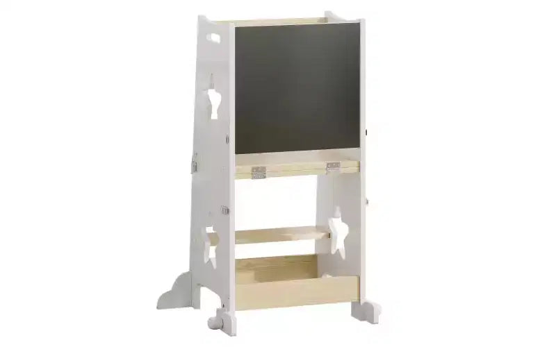 Sgabello da Cucina 3 in 1 per Bambini, Torre di Apprendimento Pieghevole con Lavagna, Tavolo e Sedia Convertibili per Bambini, Sgabello Aiutante in Legno, Bianco