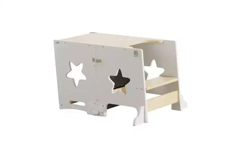 Sgabello da Cucina 3 in 1 per Bambini, Torre di Apprendimento Pieghevole con Lavagna, Tavolo e Sedia Convertibili per Bambini, Sgabello Aiutante in Legno, Bianco