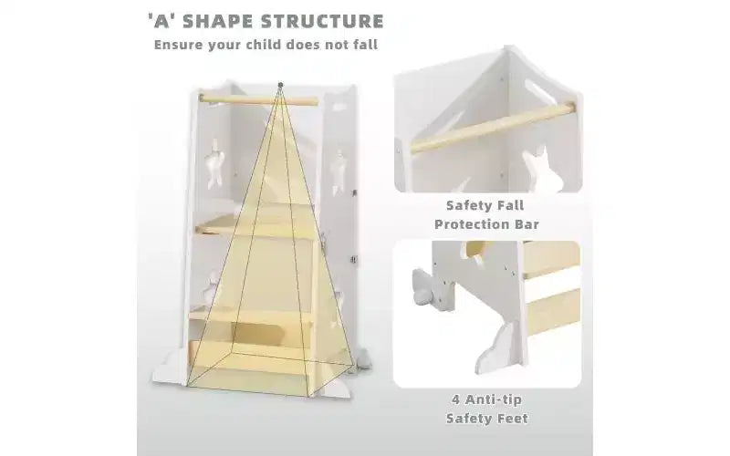 Sgabello da Cucina 3 in 1 per Bambini, Torre di Apprendimento Pieghevole con Lavagna, Tavolo e Sedia Convertibili per Bambini, Sgabello Aiutante in Legno, Bianco