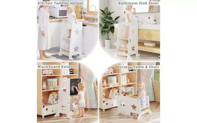 Sgabello da Cucina 3 in 1 per Bambini, Torre di Apprendimento Pieghevole con Lavagna, Tavolo e Sedia Convertibili per Bambini, Sgabello Aiutante in Legno, Bianco