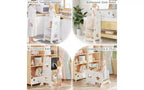 Sgabello da Cucina 3 in 1 per Bambini, Torre di Apprendimento Pieghevole con Lavagna, Tavolo e Sedia Convertibili per Bambini, Sgabello Aiutante in Legno, Bianco