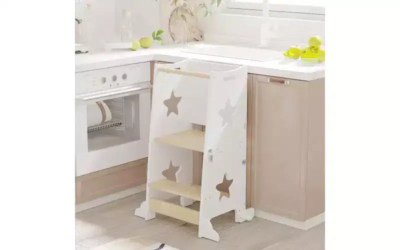 Sgabello da Cucina 3 in 1 per Bambini, Torre di Apprendimento Pieghevole con Lavagna, Tavolo e Sedia Convertibili per Bambini, Sgabello Aiutante in Legno, Bianco