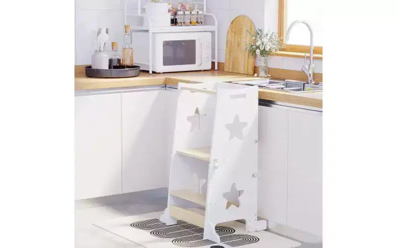 Sgabello da Cucina 3 in 1 per Bambini, Torre di Apprendimento Pieghevole con Lavagna, Tavolo e Sedia Convertibili per Bambini, Sgabello Aiutante in Legno, Bianco
