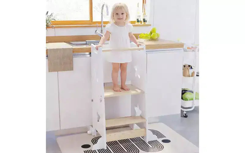 Sgabello da Cucina 3 in 1 per Bambini, Torre di Apprendimento Pieghevole con Lavagna, Tavolo e Sedia Convertibili per Bambini, Sgabello Aiutante in Legno, Bianco