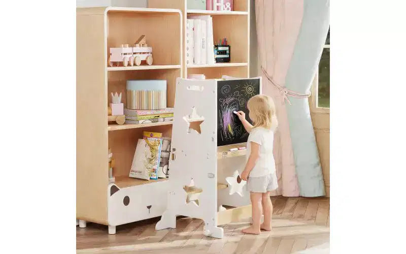 Sgabello da Cucina 3 in 1 per Bambini, Torre di Apprendimento Pieghevole con Lavagna, Tavolo e Sedia Convertibili per Bambini, Sgabello Aiutante in Legno, Bianco