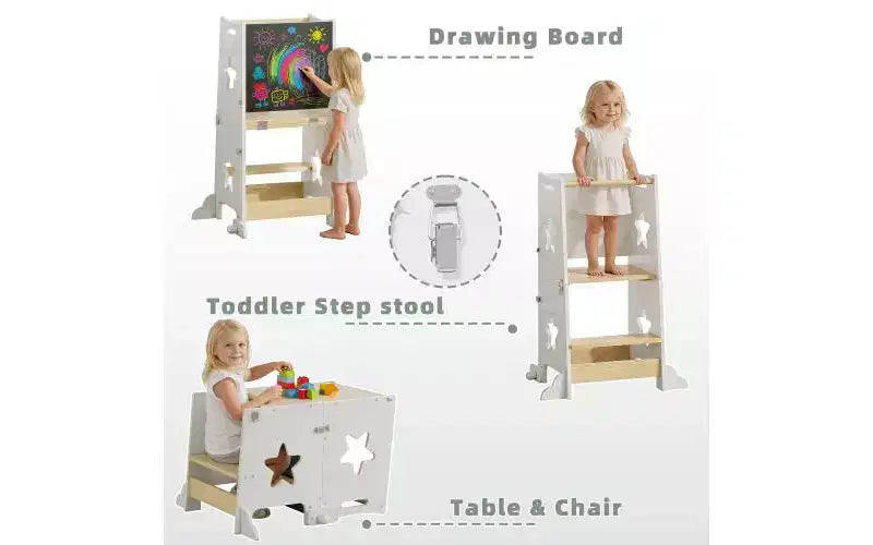 Sgabello da Cucina 3 in 1 per Bambini, Torre di Apprendimento Pieghevole con Lavagna, Tavolo e Sedia Convertibili per Bambini, Sgabello Aiutante in Legno, Bianco