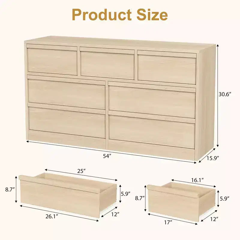 Cassettiera a 7 cassetti per camera da letto - Comò in rovere naturale largo 137 cm con grande capacità, Organizer in legno per soggiorno, cameretta, ingresso