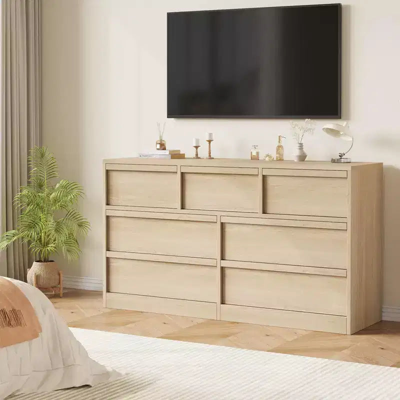 Cassettiera a 7 cassetti per camera da letto - Comò in rovere naturale largo 137 cm con grande capacità, Organizer in legno per soggiorno, cameretta, ingresso