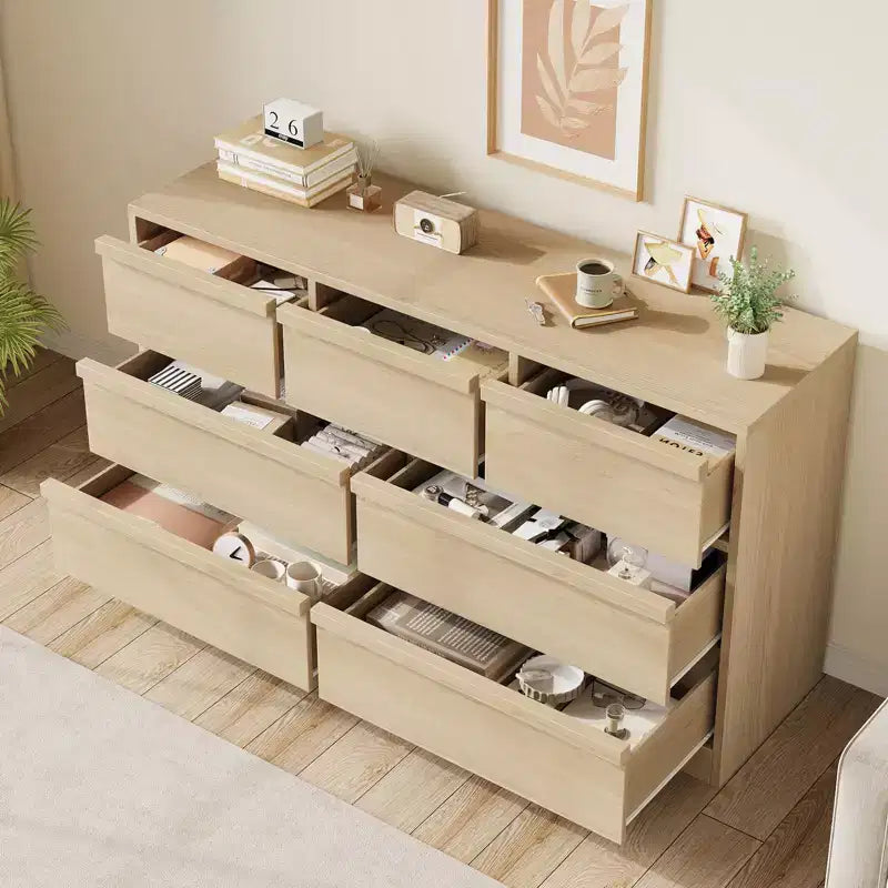 Cassettiera a 7 cassetti per camera da letto - Comò in rovere naturale largo 137 cm con grande capacità, Organizer in legno per soggiorno, cameretta, ingresso