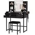 Fluted Vanity Desk with Mirror & Lights, Small Makeup Table with Power Outlet, 3 Drawers & 4 Shelves for Bedroom