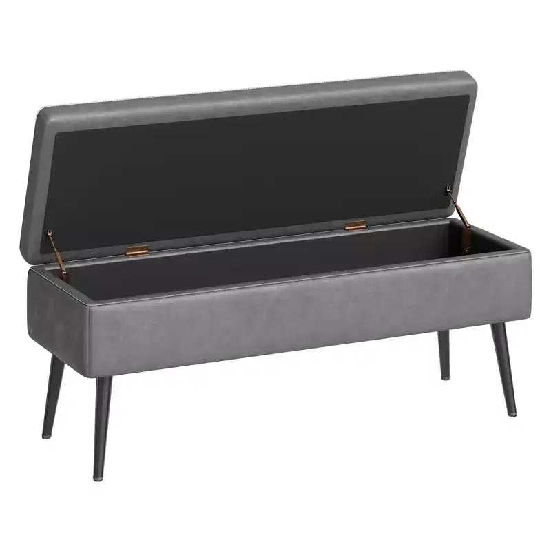 Mid-Century Modern Ottoman Bench with Storage  Faux Leather Upholstered Shoe Bench  Rectangular End of Bed or Entryway Seating  Dual Safety Hinges