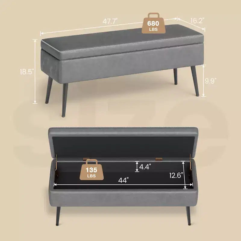 Panca Pouf Moderna di Metà Secolo con Contenitore, Panchina per Scarpe Rivestita in Similpelle, Seduta Rettangolare da Fondo Letto o Ingresso, Doppie Cerniere di Sicurezza