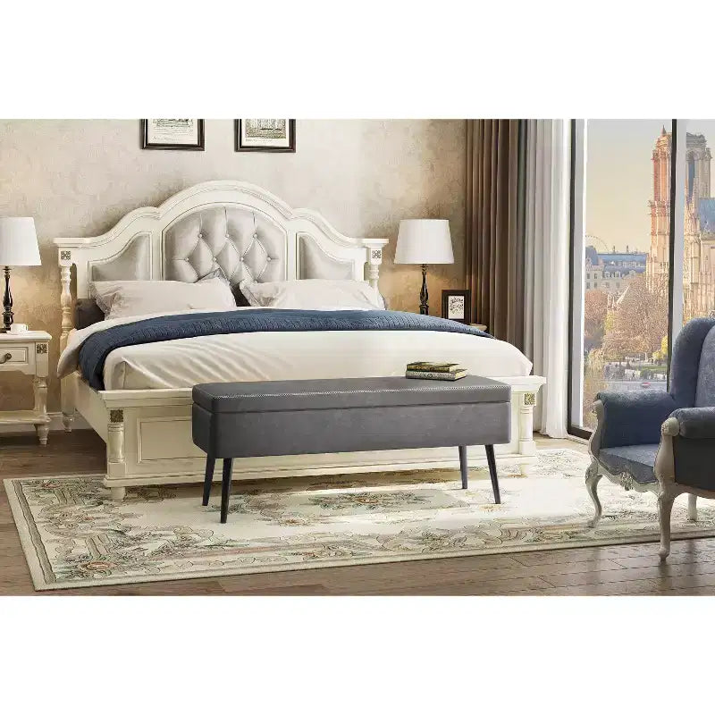 Panca Pouf Moderna di Metà Secolo con Contenitore, Panchina per Scarpe Rivestita in Similpelle, Seduta Rettangolare da Fondo Letto o Ingresso, Doppie Cerniere di Sicurezza