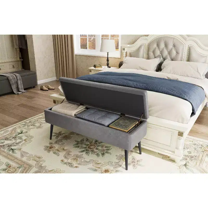 Panca Pouf Moderna di Metà Secolo con Contenitore, Panchina per Scarpe Rivestita in Similpelle, Seduta Rettangolare da Fondo Letto o Ingresso, Doppie Cerniere di Sicurezza