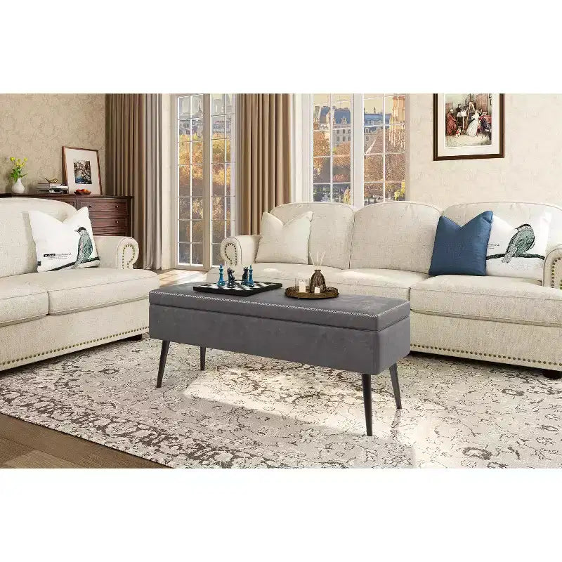 Panca Pouf Moderna di Metà Secolo con Contenitore, Panchina per Scarpe Rivestita in Similpelle, Seduta Rettangolare da Fondo Letto o Ingresso, Doppie Cerniere di Sicurezza